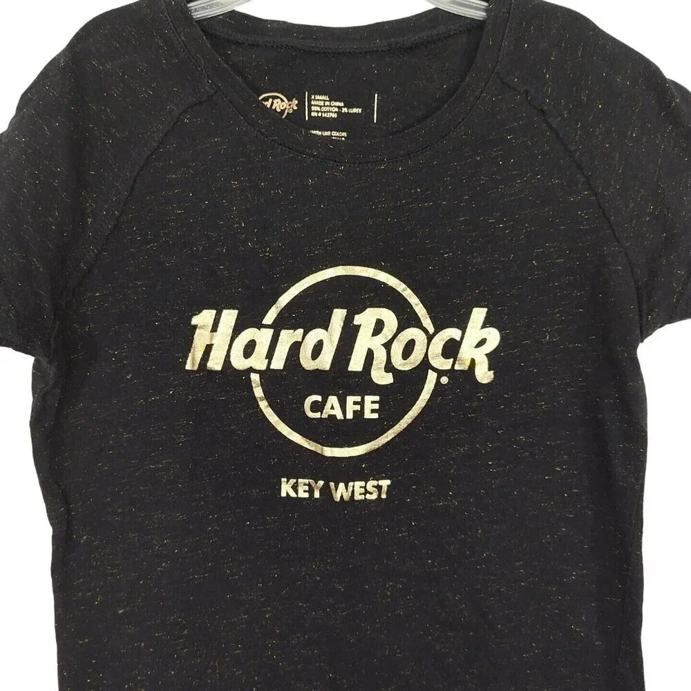 Hard Rock Cafe Black Gold Metallic TShirt Women Size XS Short Sleeve Key West